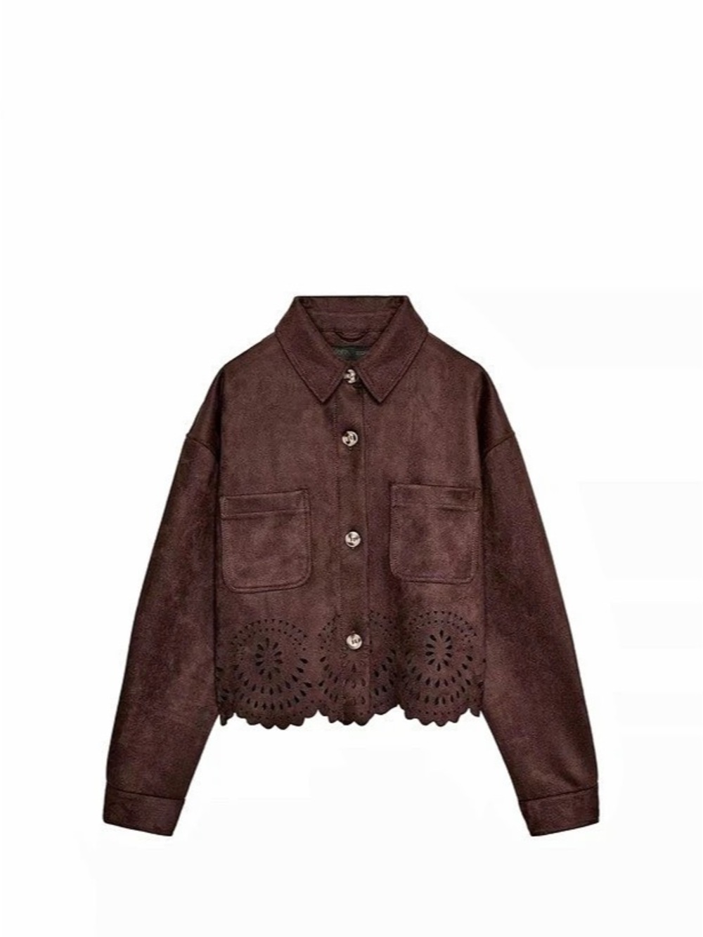 Zara Die-Cut Hem Faux Suede Jacket Brown